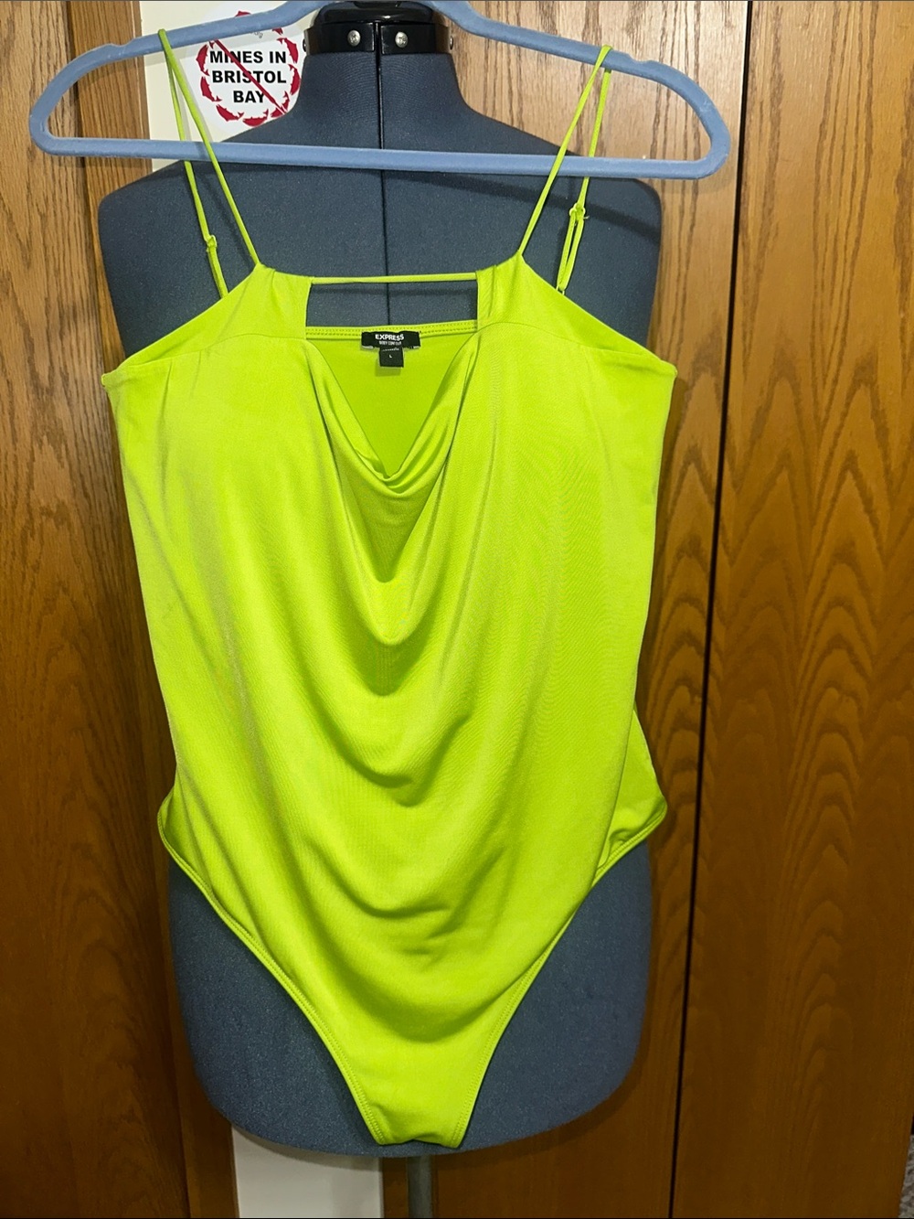 Express Neon Lime Draped Bodysuit with Adjustable Spaghetti Straps